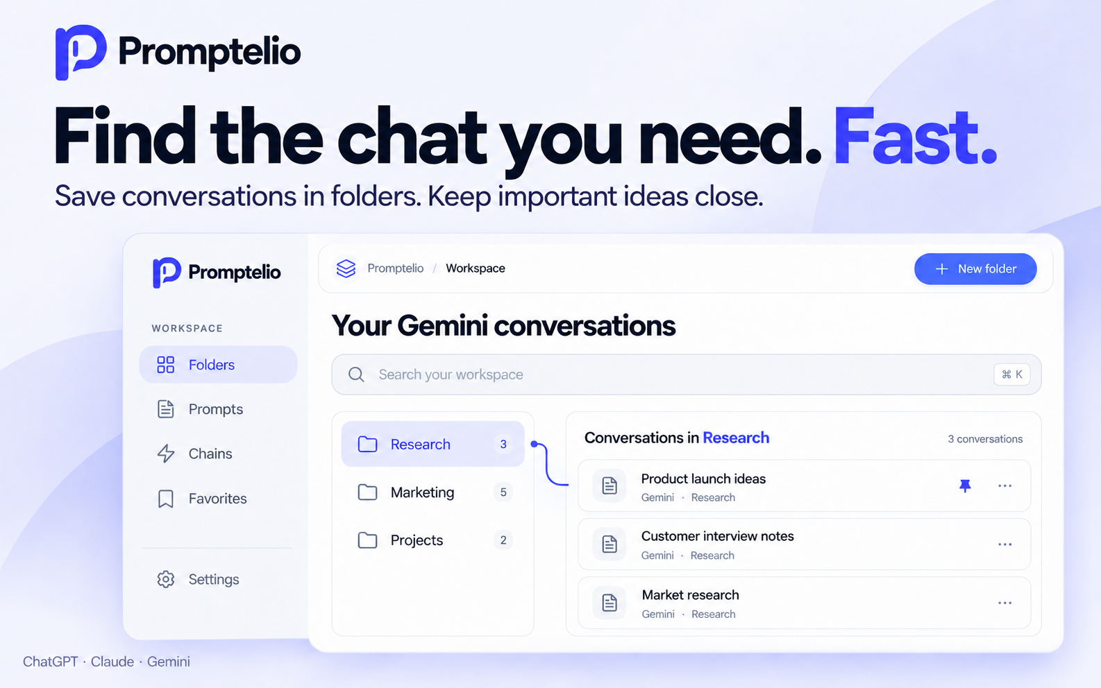 Promptelio promotional illustration of conversation folders and saved chats