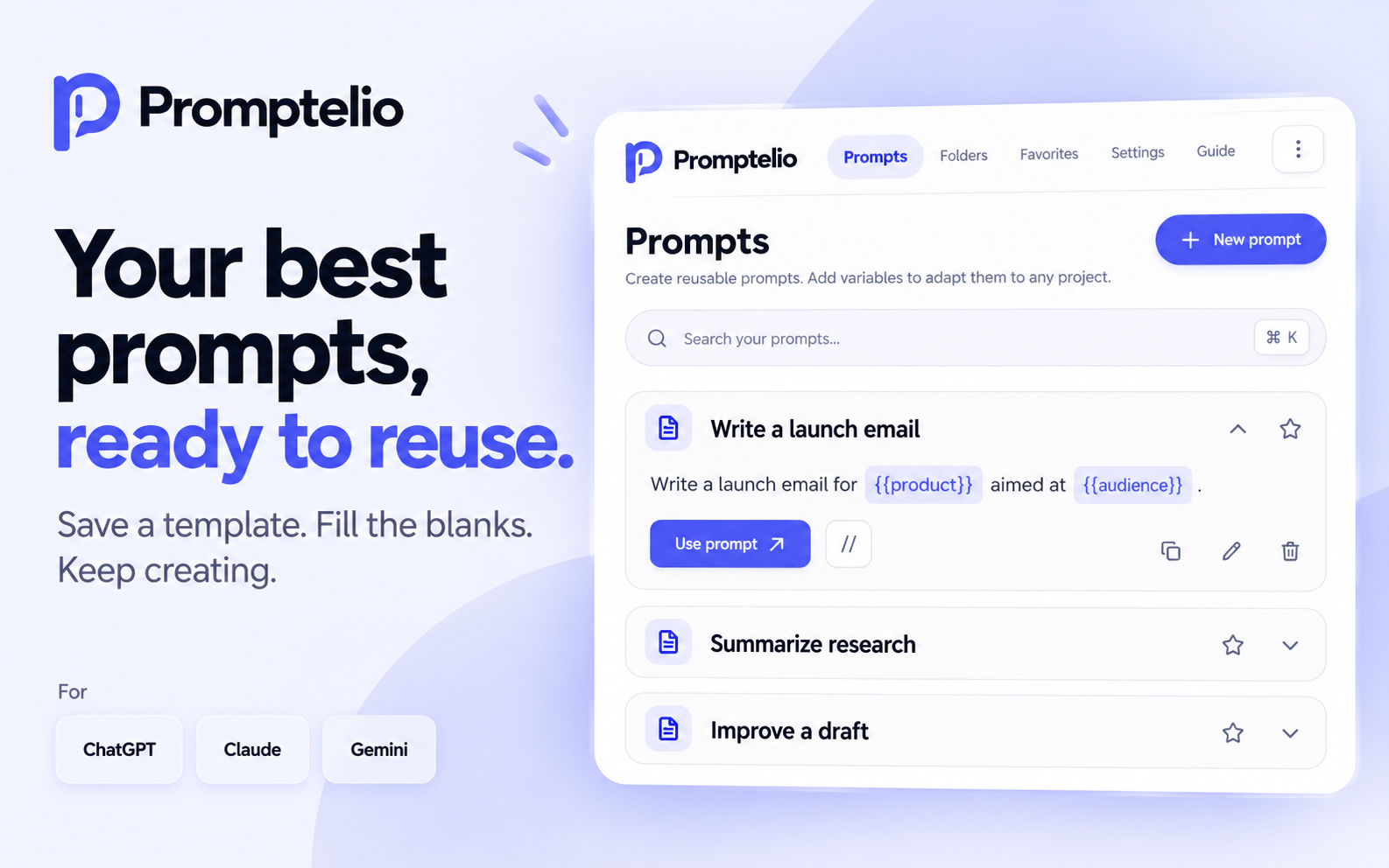 Promptelio promotional illustration of saved prompt templates with variables